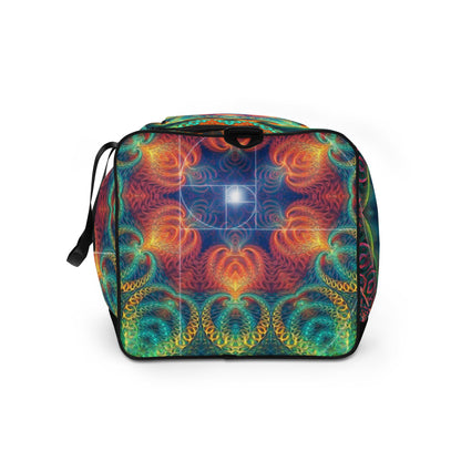 Left side view of the 'Free Your Mind Fibonacci' duffle bag showing its profile.