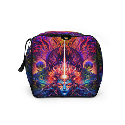 Left side view of the 'Sacred Vine' duffle bag showing its all-over-print psychedelic artwork.