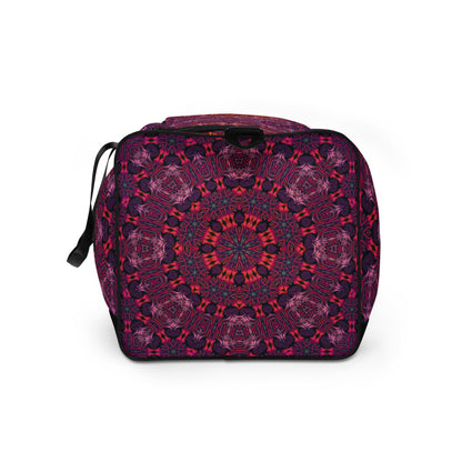 Left side view of the 'Forged In Neon' duffle bag showing its all-over-print psychedelic artwork.