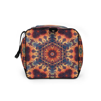Left side view of the 'Aquatic Rays' duffle bag showing its psychedelic print design.