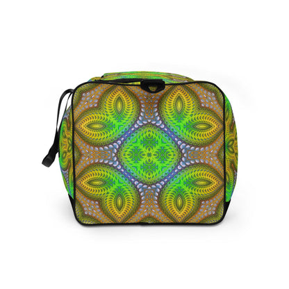 Left side view of the 'Activation Initiated' duffle bag showing its psychedelic print design.