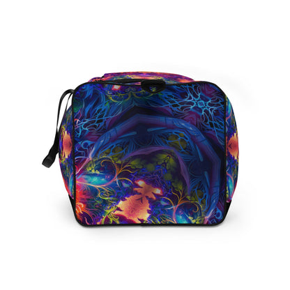 Left side profile of the Sacred Circle duffle bag showing the mesh side pocket.
