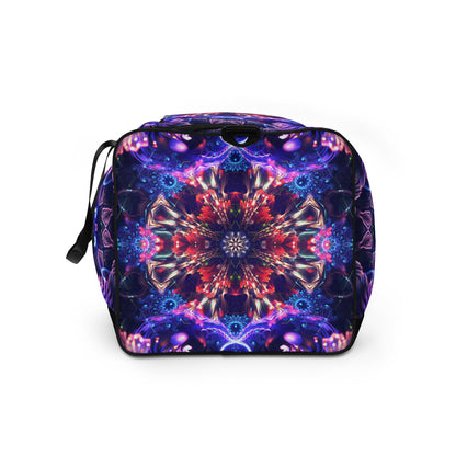 Left side view of the 'Flow State' duffle bag showing its all-over-print psychedelic artwork.