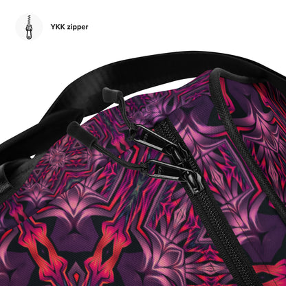 Close-up of the dual padded carrying handles on the 'Forged In Neon' duffle bag.