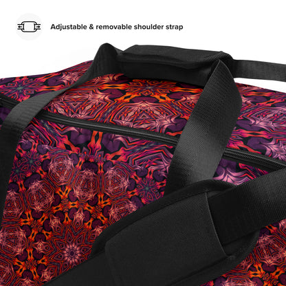 Close-up of the T-piping stitching detail on the 'Forged In Neon' duffle bag.