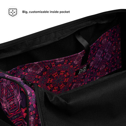Close-up of the mesh side pocket on the 'Forged In Neon' duffle bag.