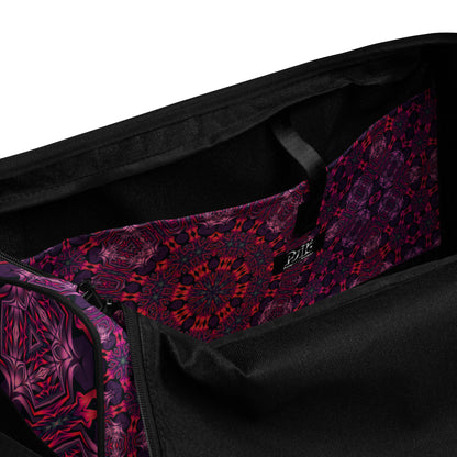 Close-up of the adjustable padded shoulder strap on the 'Forged In Neon' duffle bag.