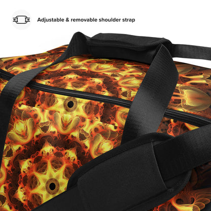 Close-up of the Totem Sun duffle bag's fabric weave showing the polyester print detail.