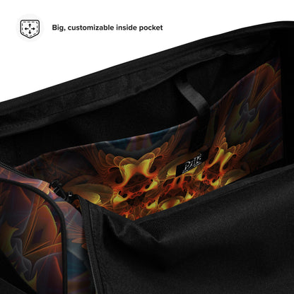 Close-up of the Totem Sun duffle bag fabric showing print detail and stitching texture.
