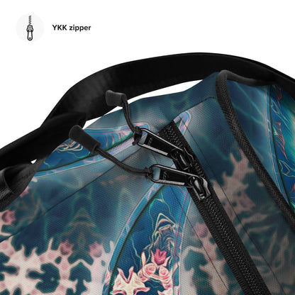 Close-up of the dual padded handles with hook and loop fastener on the Triple Goddess duffle bag.
