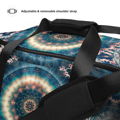 Close-up of the T-piping seam along the Triple Goddess duffle bag's base for added stability.