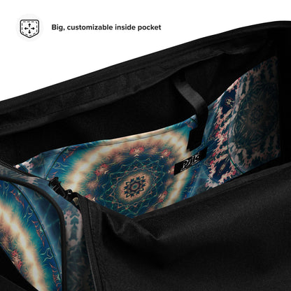 Close-up of the mesh side pocket on the Triple Goddess duffle bag.