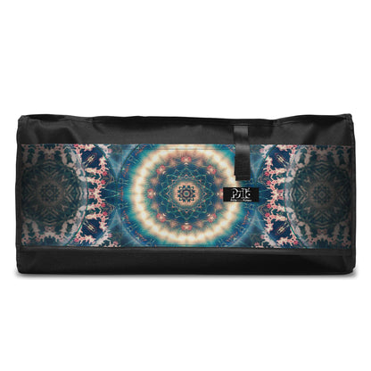 Close-up of the zipper pocket hardware on the Triple Goddess duffle bag.