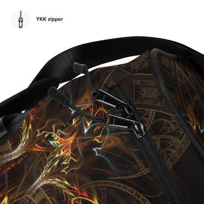 Close up of the zipper hardware and hook and loop fastener on the Sigil of Valor duffle bag.