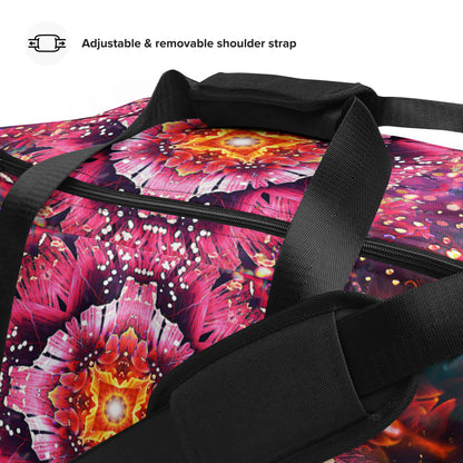 Close-up of the adjustable padded shoulder strap on the Endless Mallow duffle bag.