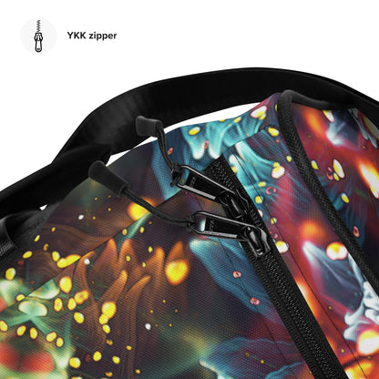 Close-up of the hook and loop fastener strap on the Kaleidobloom duffle bag handles.