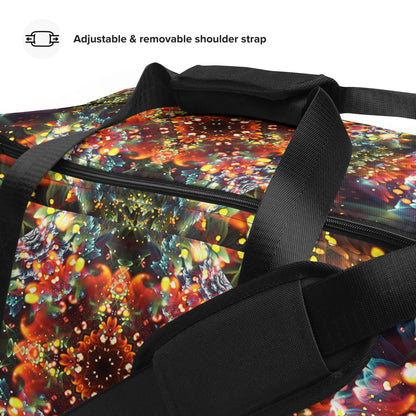 Close-up of the Kaleidobloom duffle bag's printed fabric surface and interlining edge.