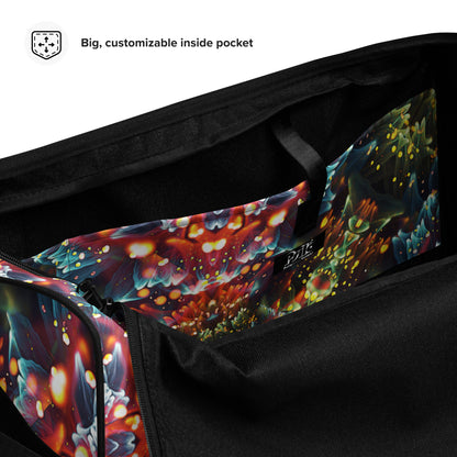 Close-up of the Kaleidobloom duffle bag fabric, showing the printed kaleidoscope pattern texture.