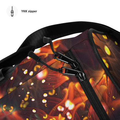 Close-up detail of the "Autumn Bloom" print on the white duffle bag fabric.