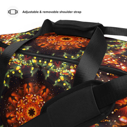 Close-up detail of the "Autumn Bloom" print on the white duffle bag fabric.