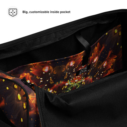 Close-up detail of the "Autumn Bloom" print on the white duffle bag fabric.