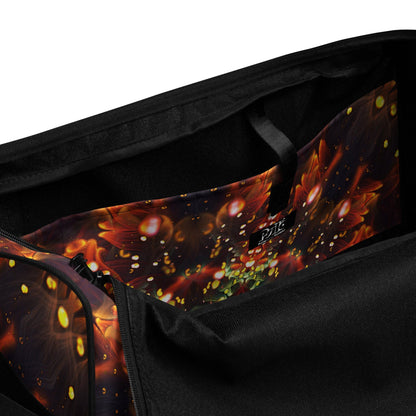 Close-up detail of the "Autumn Bloom" print on the white duffle bag fabric.
