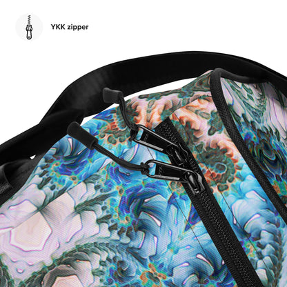 Close-up detail of the "Return to Purity" print on the white duffle bag fabric.