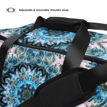 Close-up detail of the "Return to Purity" print on the white duffle bag fabric.