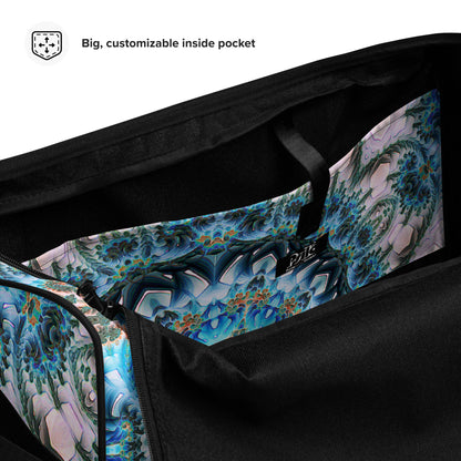 Close-up detail of the "Return to Purity" print on the white duffle bag fabric.