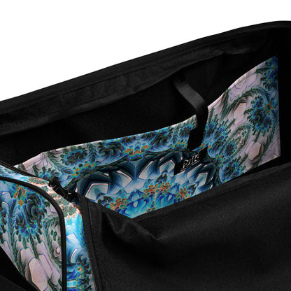 Close-up detail of the "Return to Purity" print on the white duffle bag fabric.