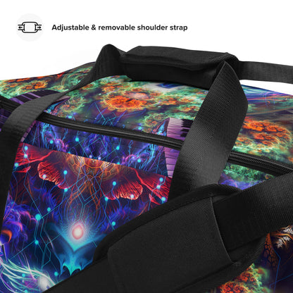 Close-up detail of the "Magnus Opum" print on the white duffle bag fabric.