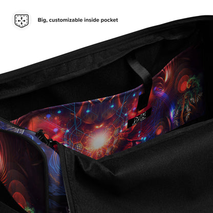 Close-up detail of the "Magnus Opum" print on the white duffle bag fabric.