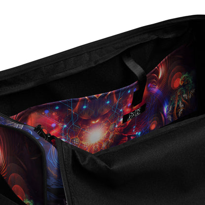Close-up detail of the "Magnus Opum" print on the white duffle bag fabric.