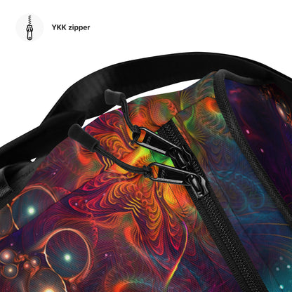 Close-up detail of the "Photonic" print on the white duffle bag fabric.