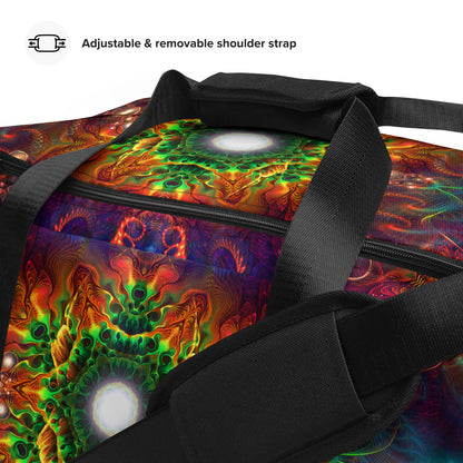 Close-up detail of the "Photonic" print on the white duffle bag fabric.