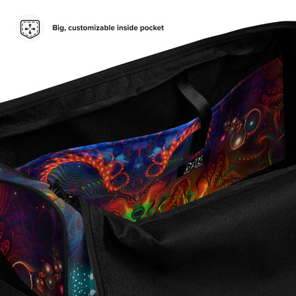 Close-up detail of the "Photonic" print on the white duffle bag fabric.