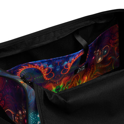 Close-up detail of the "Photonic" print on the white duffle bag fabric.