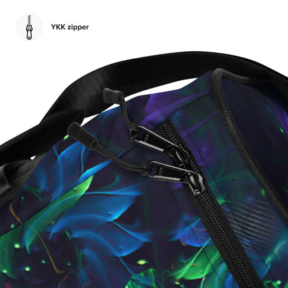 Close-up detail of the "Awakened" print on the white duffle bag fabric.