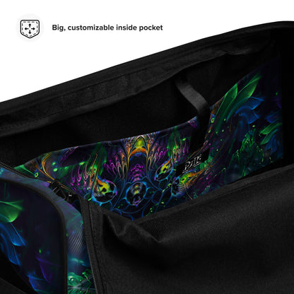 Close-up detail of the "Awakened" print on the white duffle bag fabric.