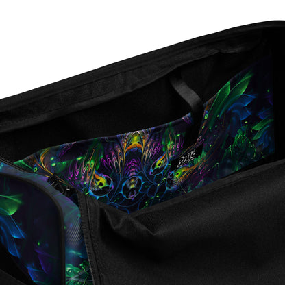 Close-up detail of the "Awakened" print on the white duffle bag fabric.