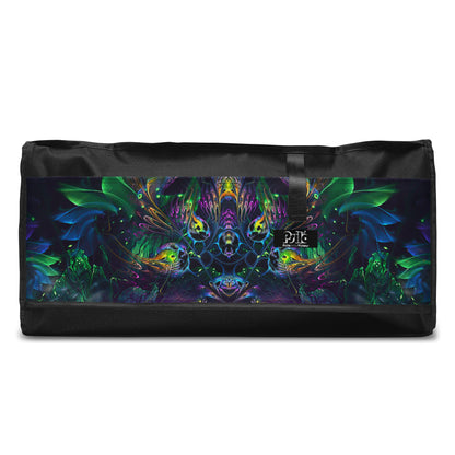 Close-up detail of the "Awakened" print on the white duffle bag fabric.