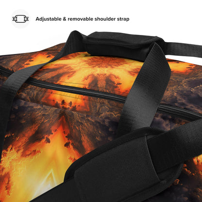 Close-up detail of the "Adieu" print on the white duffle bag fabric.