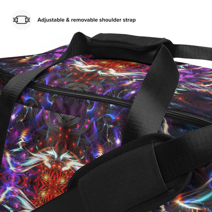 Close-up detail of the "Dragon Heart" print on the white duffle bag fabric.