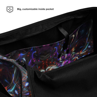 Close-up detail of the "Dragon Heart" print on the white duffle bag fabric.