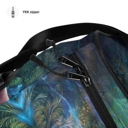 Close-up detail of the "Fluer de Vie" print on the white duffle bag fabric.