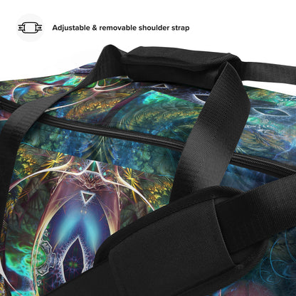 Close-up detail of the "Fluer de Vie" print on the white duffle bag fabric.