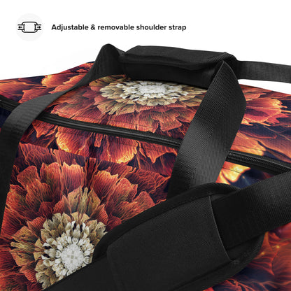 Close-up detail of the "Mandala Bloom" print on the white duffle bag fabric.