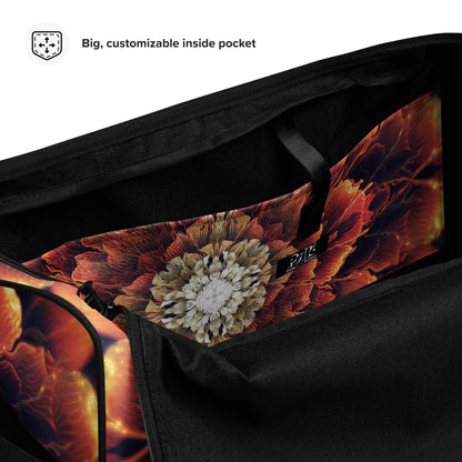 Close-up detail of the "Mandala Bloom" print on the white duffle bag fabric.