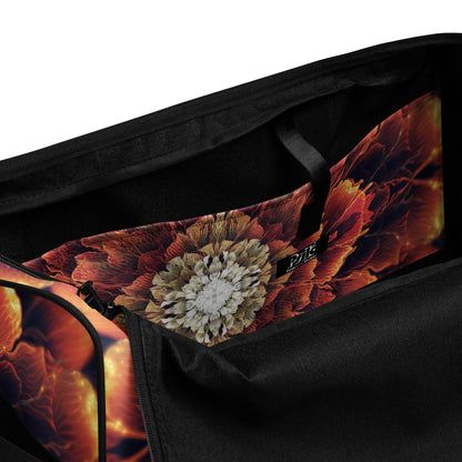 Close-up detail of the "Mandala Bloom" print on the white duffle bag fabric.