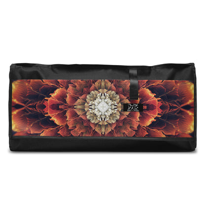 Close-up detail of the "Mandala Bloom" print on the white duffle bag fabric.